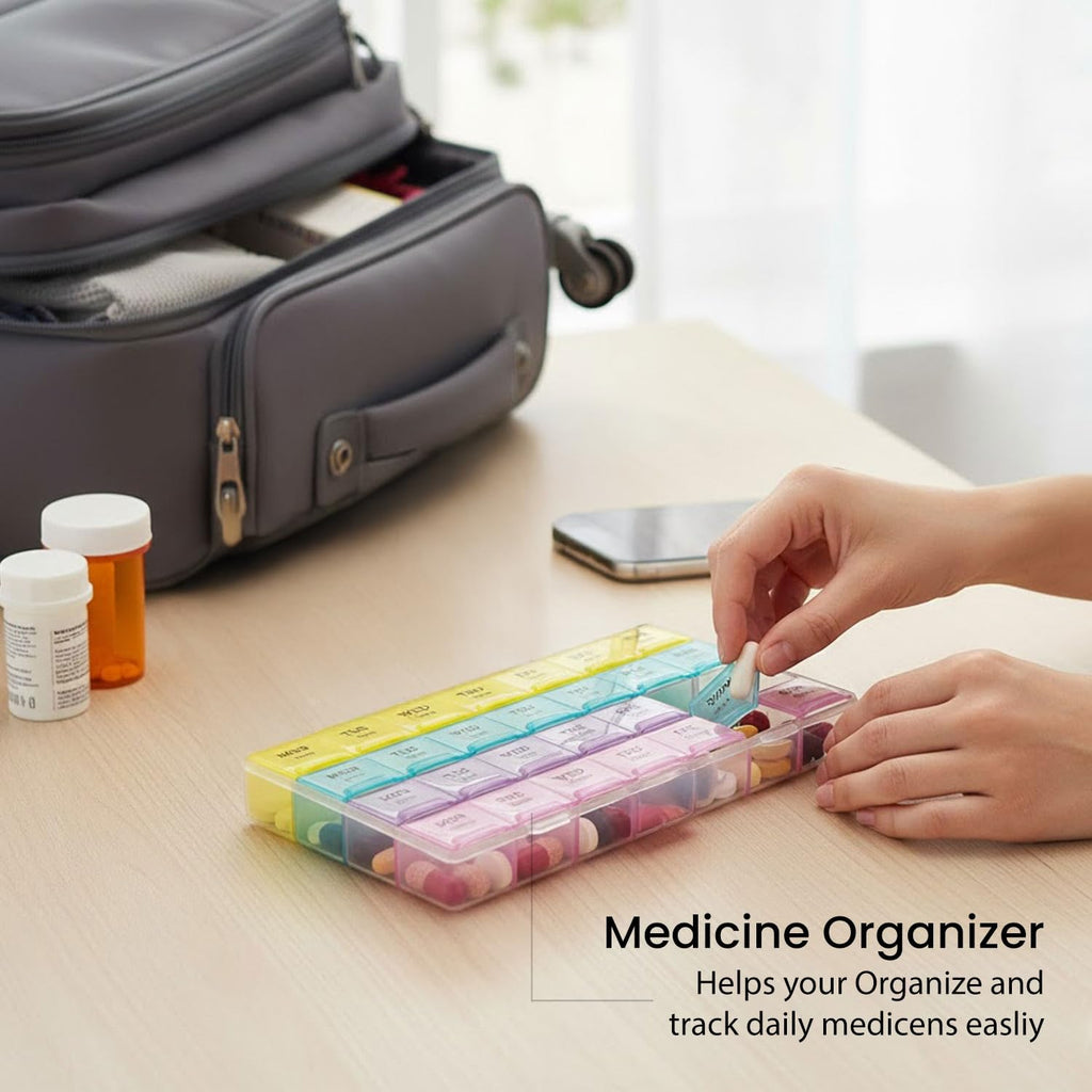 Open weekly pill case with vibrant multicolored lids displayed for easy organization.