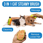 White cat being gently groomed with the Cat Steamy Brush.