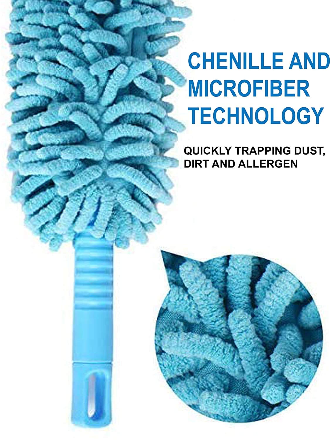 The flexible head of the microfiber duster bending to clean intricate areas.