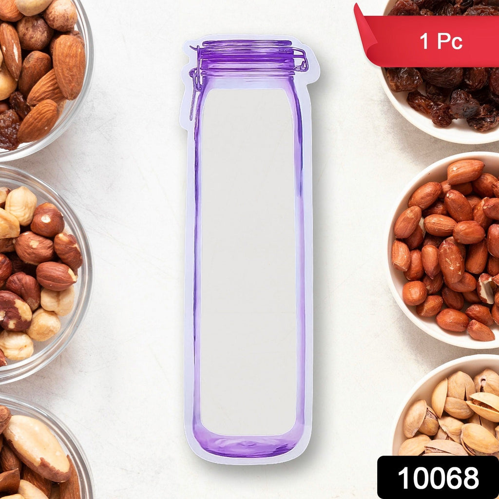 Single transparent reusable food storage bag standing upright.