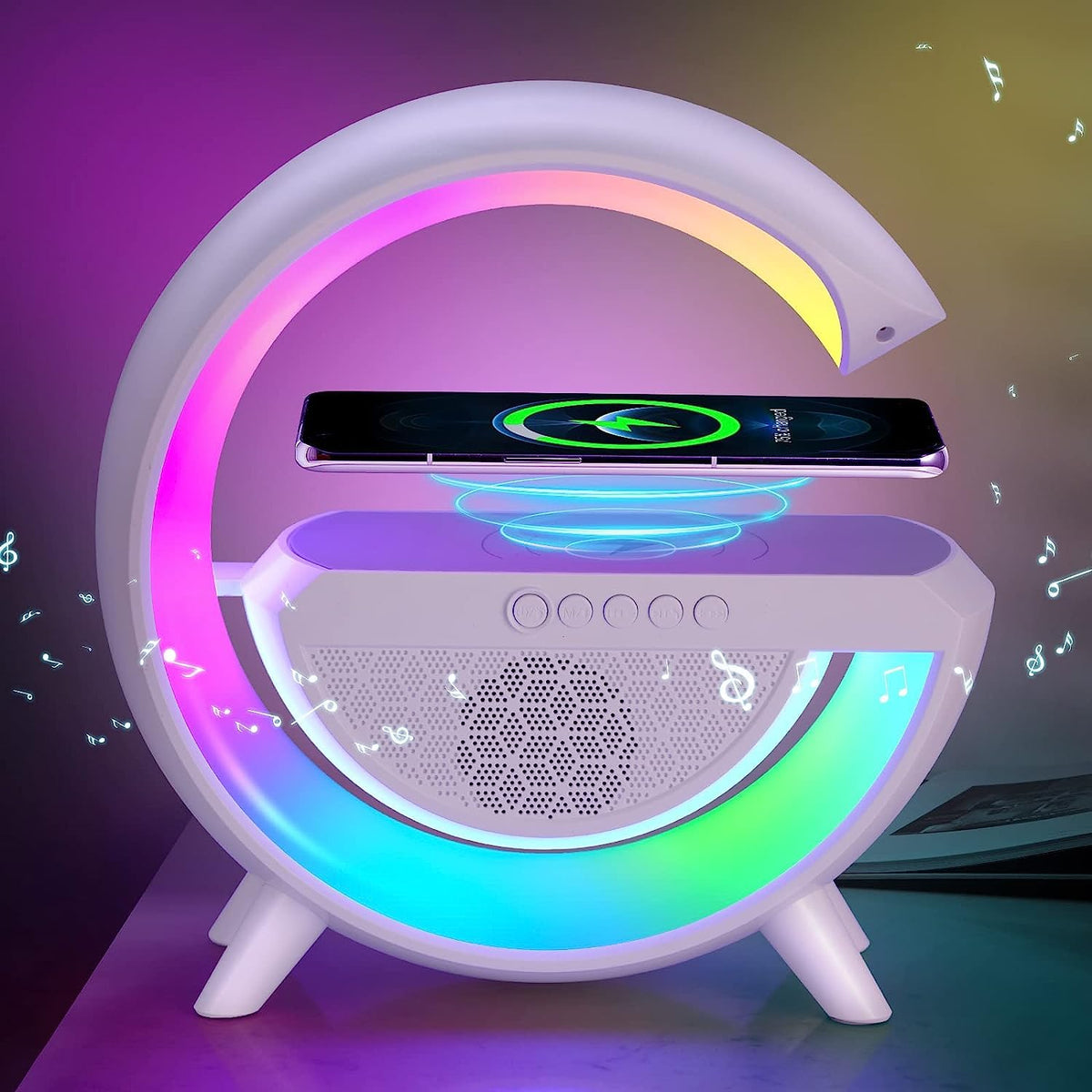 Modern LED night lamp with Bluetooth speaker and wireless charging functionality.