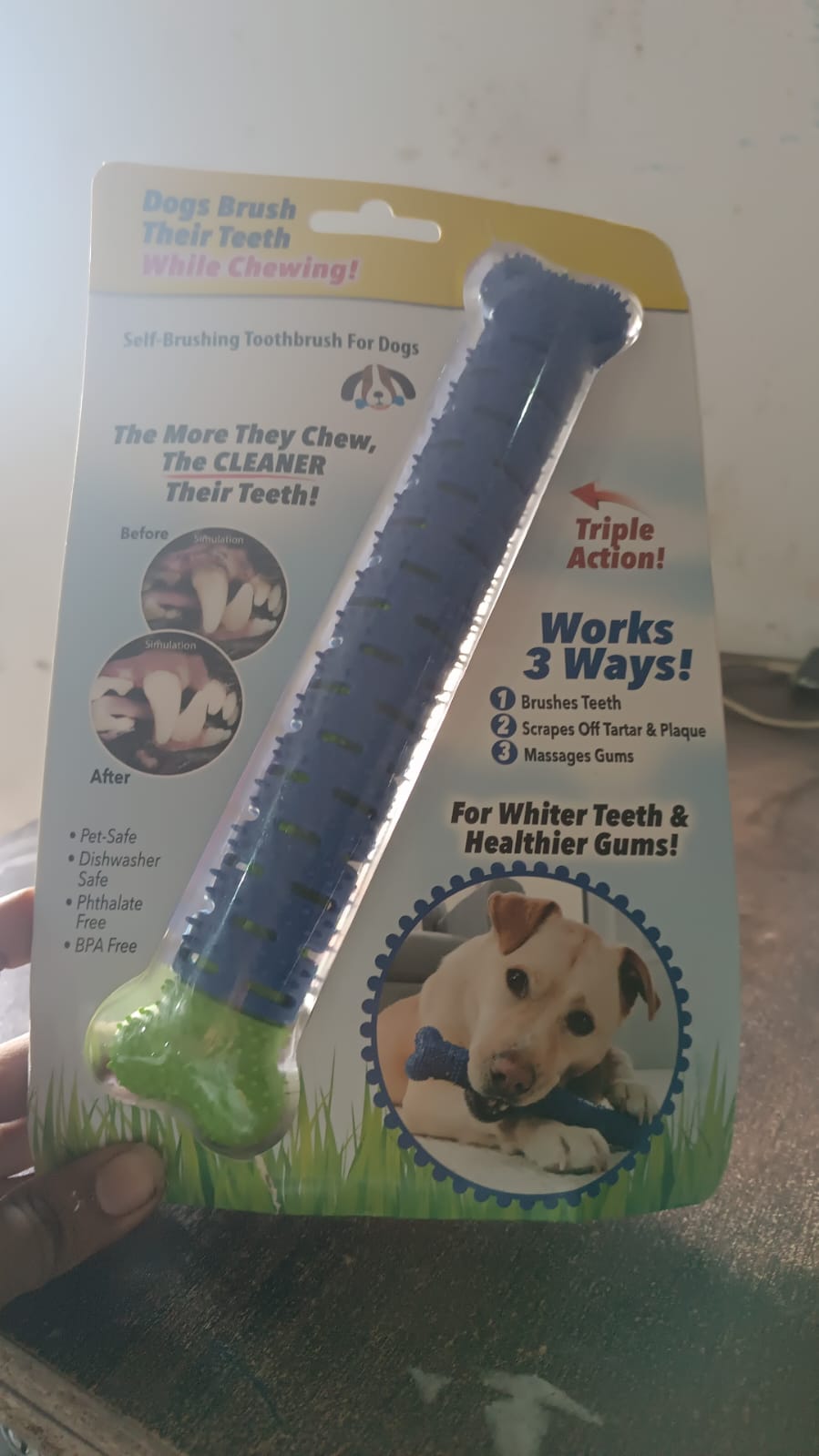 Product display of the Boardoria dog toothbrush chew stick for pet dental health.