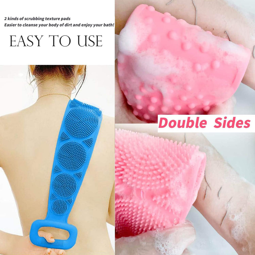 Silicone shower brush with a convenient hanging loop for easy storage.
