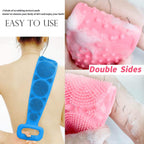 Silicone shower brush with a convenient hanging loop for easy storage.