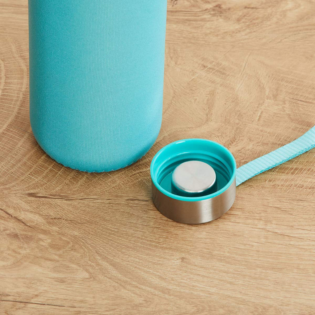 Durable 500ml glass water bottle with its protective silicone cover.