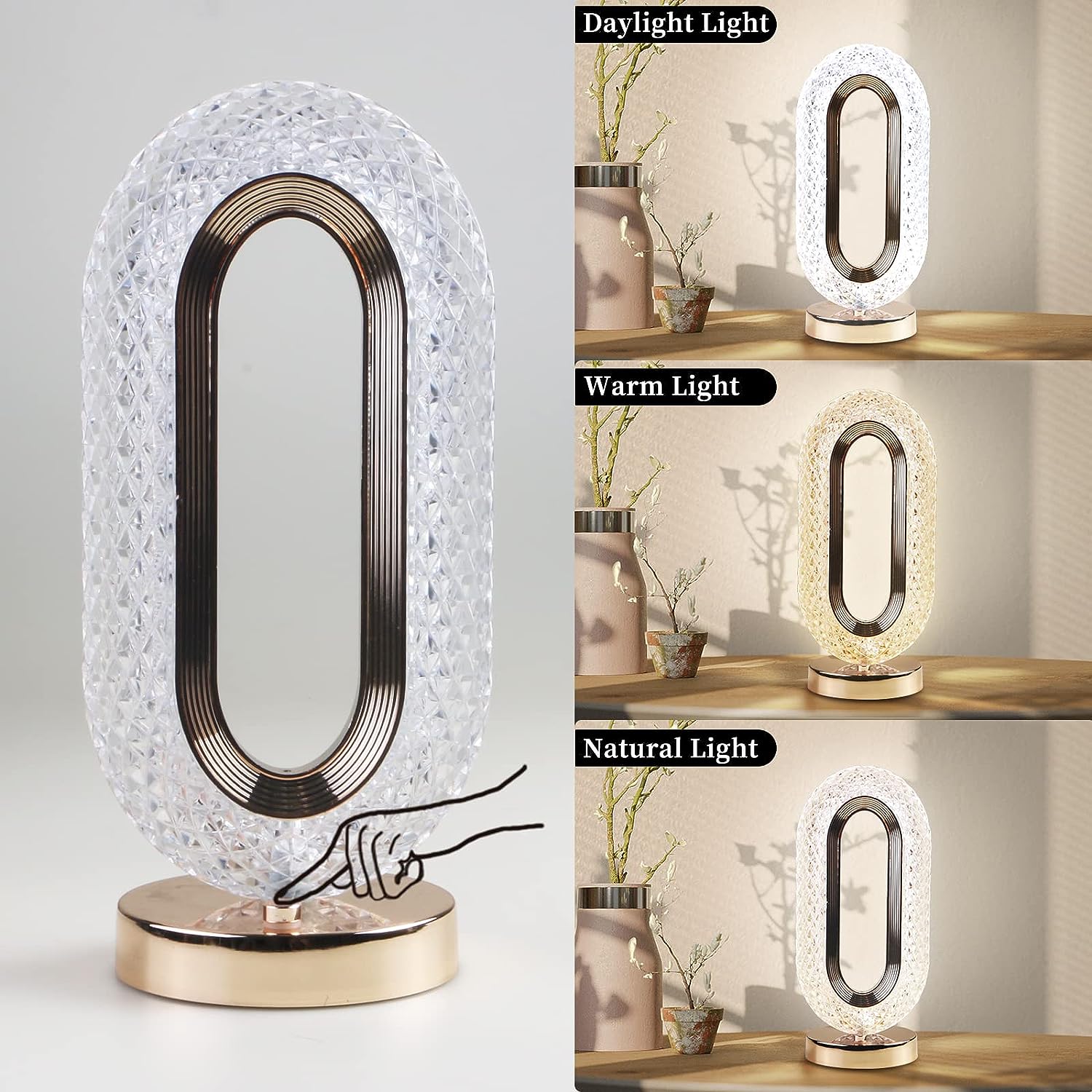 Close-up of the crystal table lamp showing its intricate design.