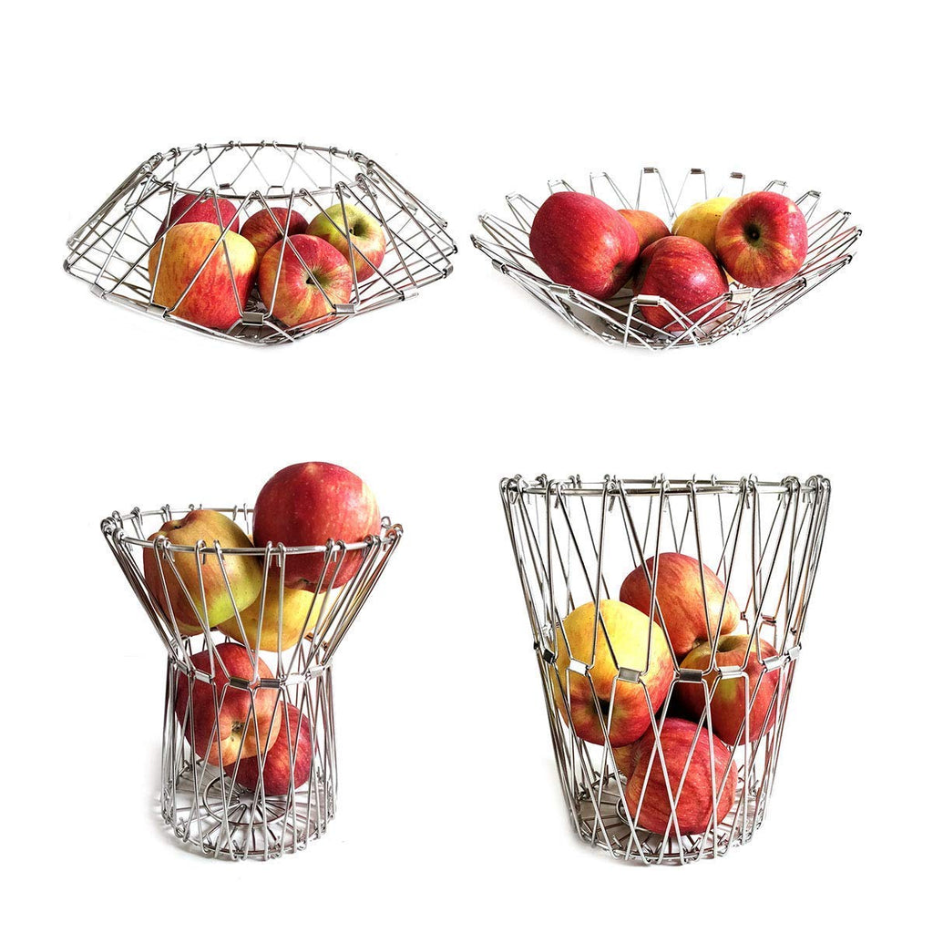 Space-saving wire mesh foldable fruit basket holding various fruits on a wooden table.