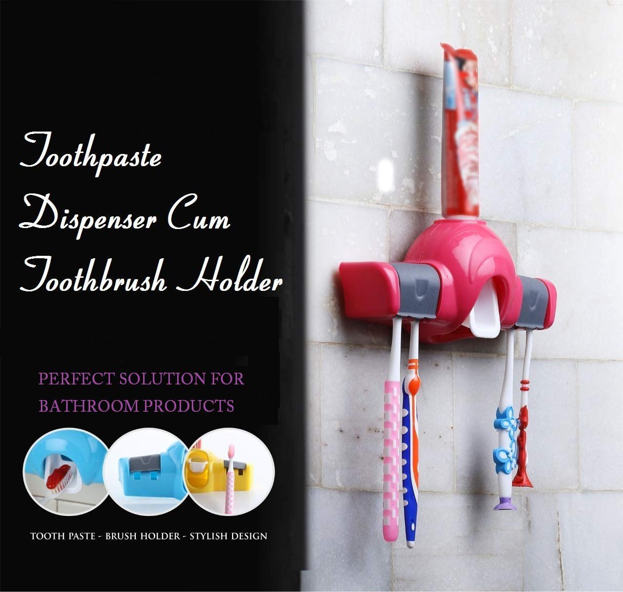 Step-by-step diagram showing how to easily install a toothpaste tube into the dispenser.