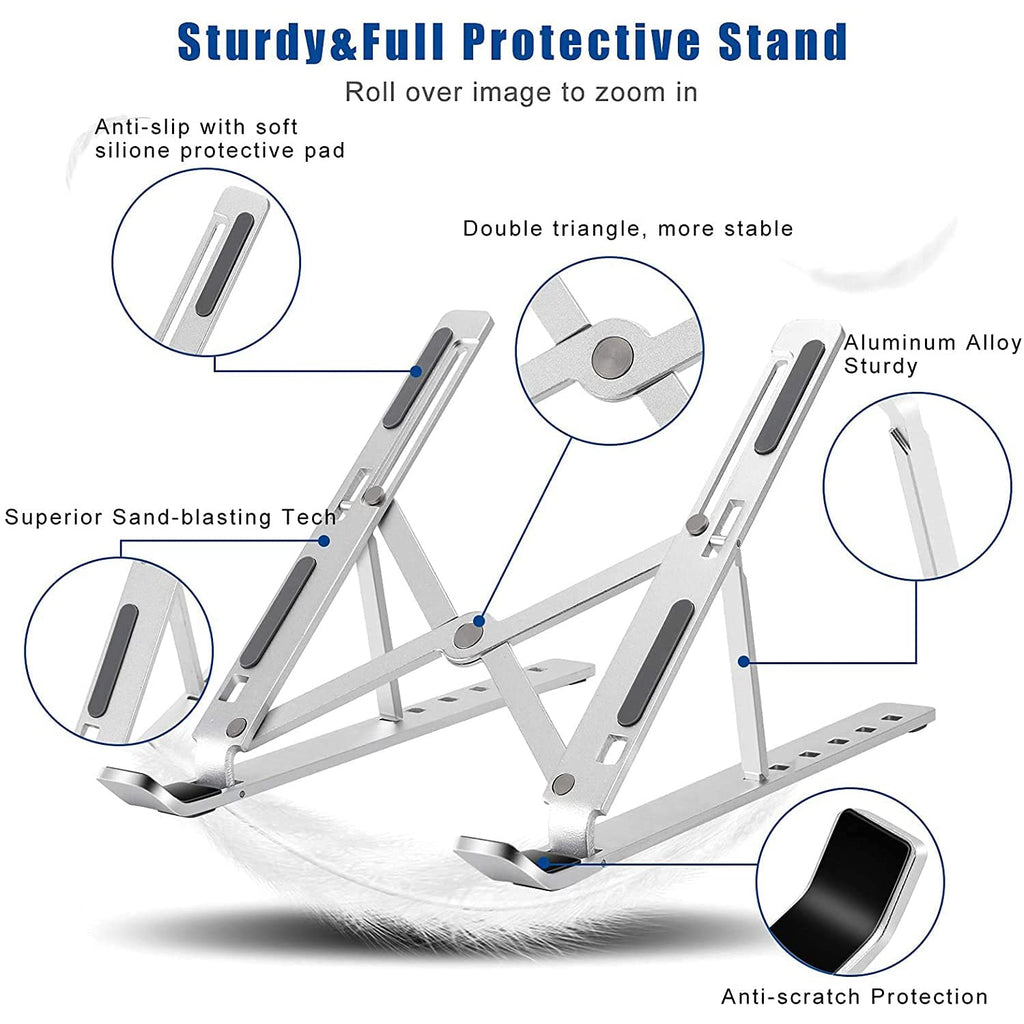 Side view of the adjustable laptop stand holding a notebook, demonstrating elevated screen height.