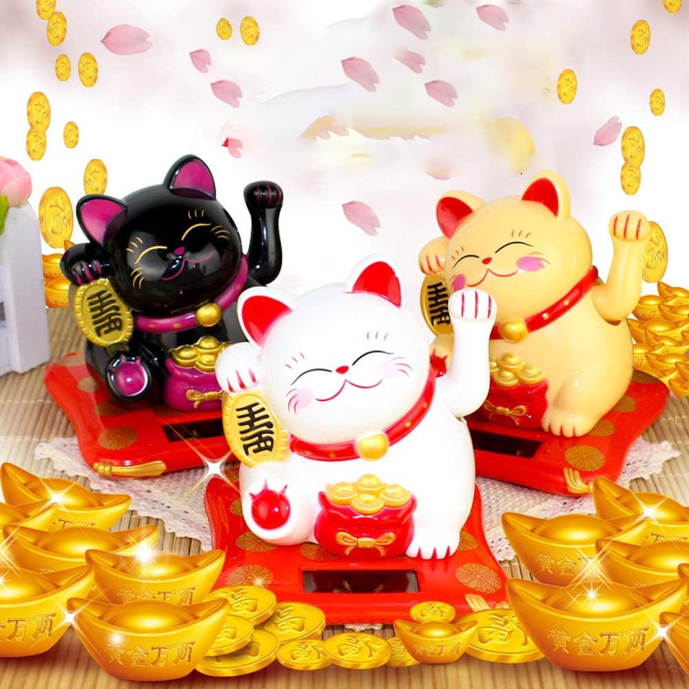 Waving Lucky Cat on a car dashboard, perfect for travel and good luck.