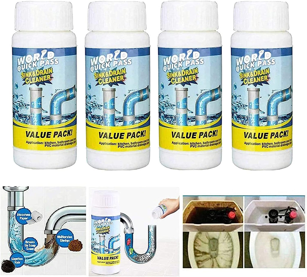 Drain cleaner powder dissolving tough blockages in a pipe, illustrating its powerful action.