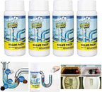 Drain cleaner powder dissolving tough blockages in a pipe, illustrating its powerful action.