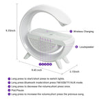 Close-up of the night lamp with Bluetooth speaker, highlighting its wireless charging pad.