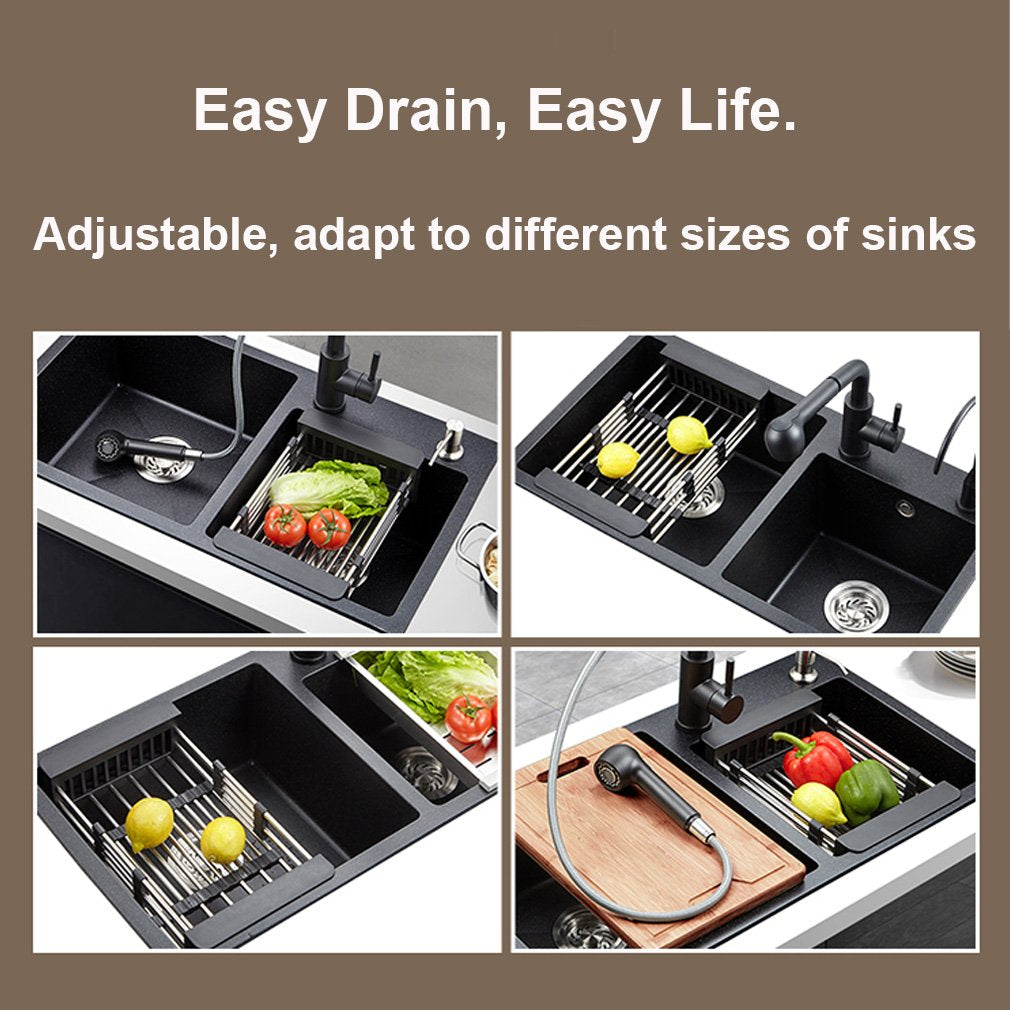 Adjustable kitchen sink drainer extended to show its versatile fit.