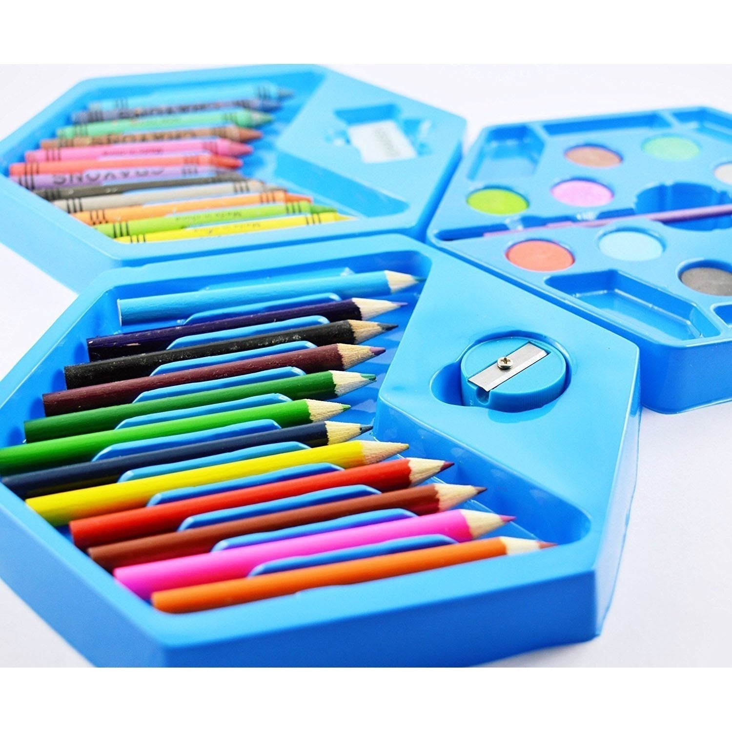 A child happily drawing with the colourful 46 Pcs Kids Art Set and its diverse supplies.