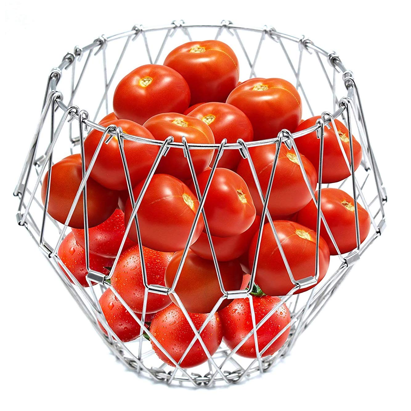 Elegant stainless steel wire foldable fruit basket displayed on a kitchen counter.