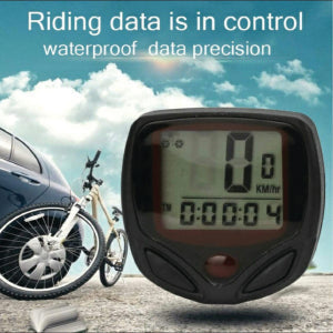 Close-up of the PowerPulse waterproof bicycle computer's clear LCD screen showing active ride stats.