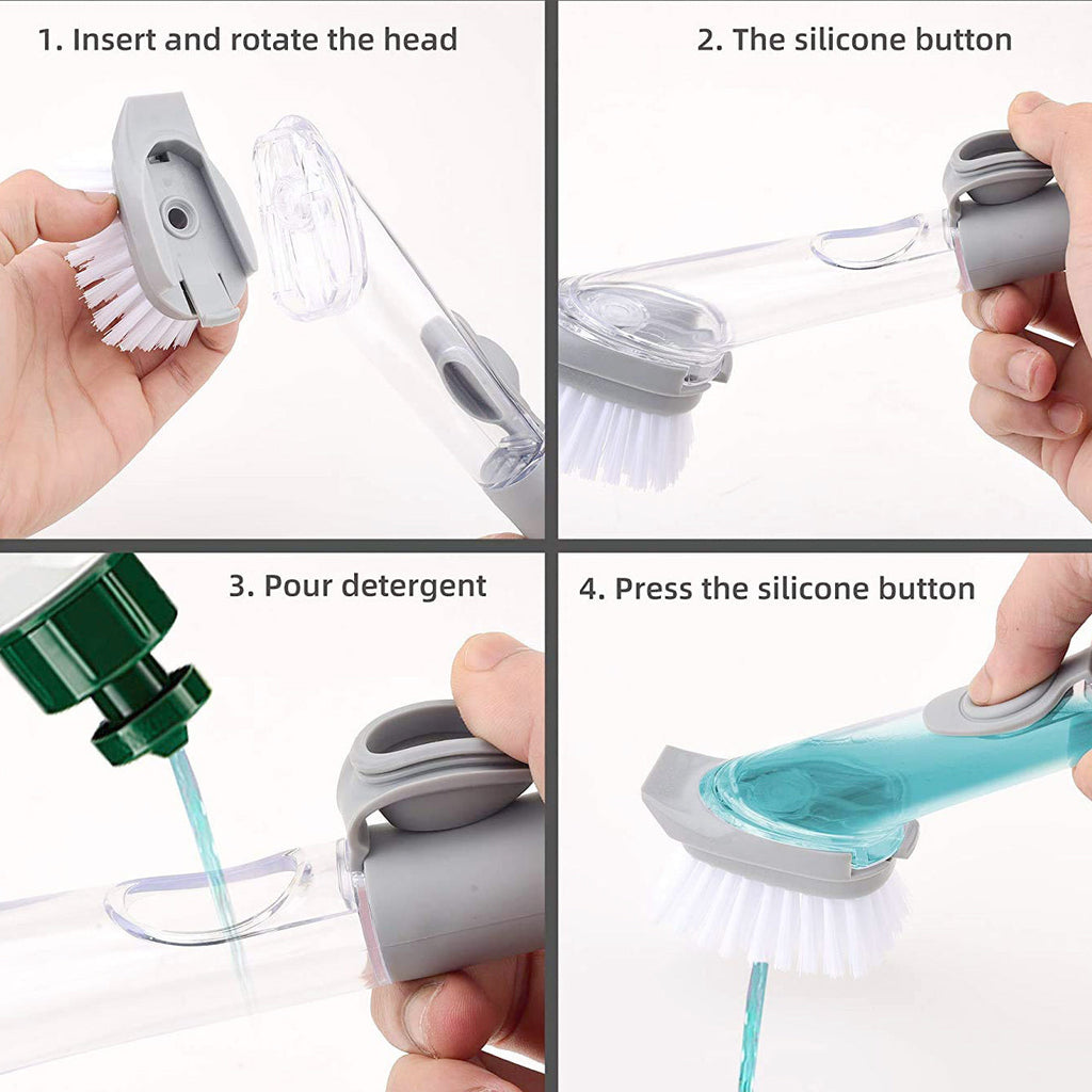 Liquid soap dispensing scrub brush making dishwashing easier.