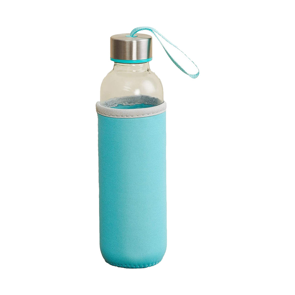 Portable glass water bottle, 500ml, held for on-the-go hydration.