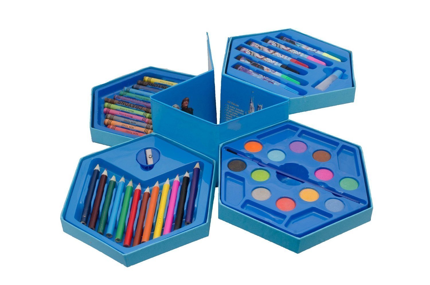 Detailed view of the organized compartments of the oil pastel art kit with various colors.