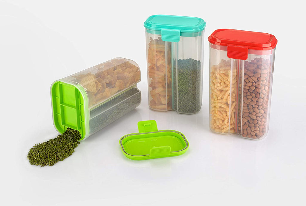 Large 2-liter plastic cereal storage container with two compartments.