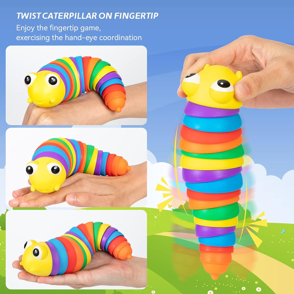 Collection of multiple rainbow plastic slug fidget toys arranged together for display.