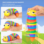 Collection of multiple rainbow plastic slug fidget toys arranged together for display.