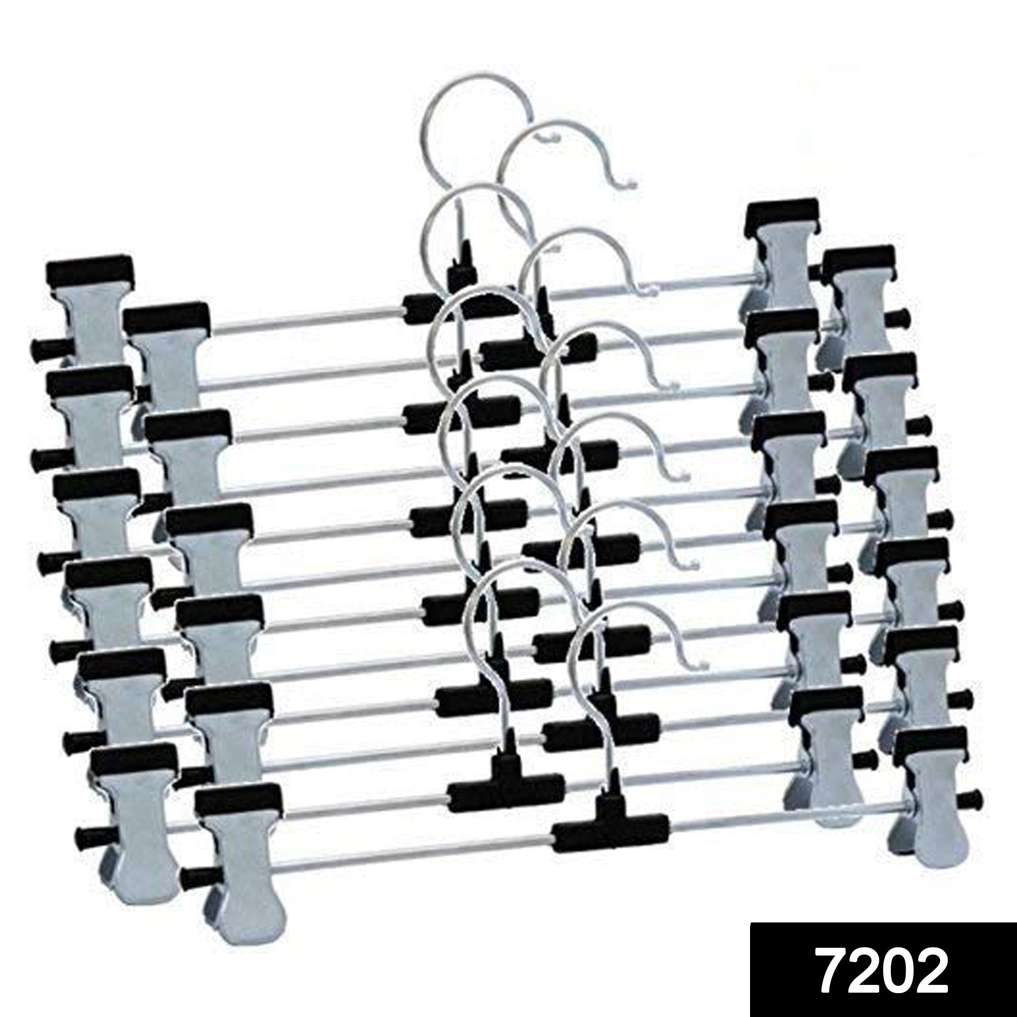 Stainless steel hangers with adjustable clips securely holding a pair of trousers.