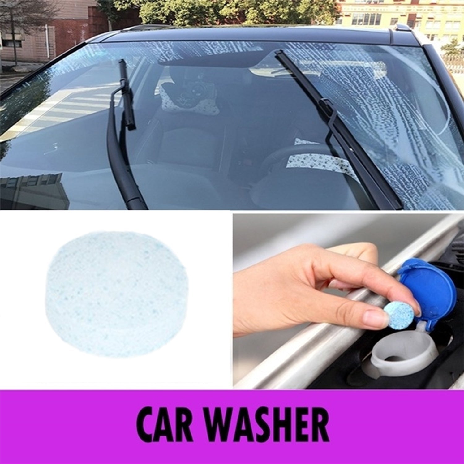 Effervescent tablets dissolving to clean car wiper blades