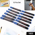 Close-up of permanent blue marker pens in a 12-pack set