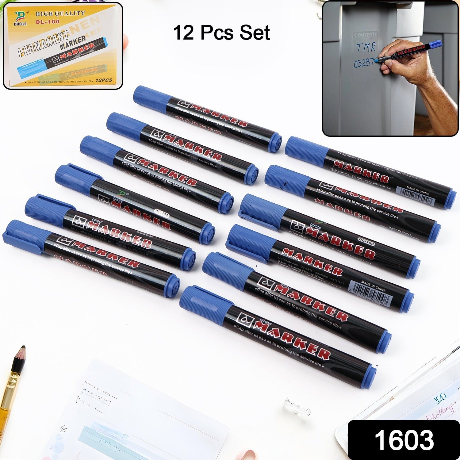 Close-up of permanent blue marker pens in a 12-pack set