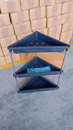 Compact plastic corner storage rack fitting in kitchen corner space