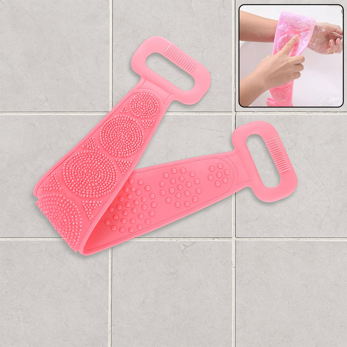 Eco-friendly silicone back scrubber and shower brush in a bathroom setting.