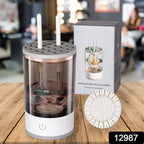 Electric makeup brush cleaner spinning a brush to remove residue.