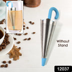 A cute umbrella tea strainer steeping loose leaf tea in a clear mug.