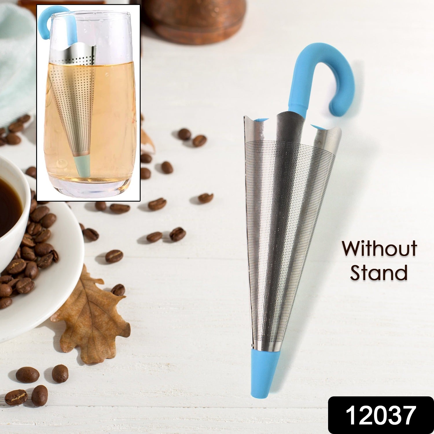 A cute umbrella tea strainer steeping loose leaf tea in a clear mug.