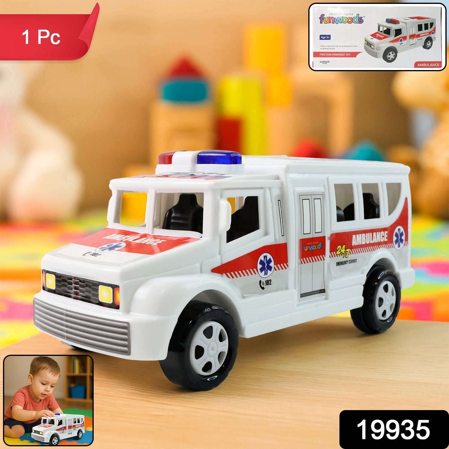 Close-up showing smooth wheels of friction powered ambulance toy