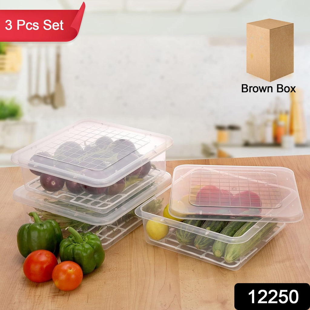 Set of 3 plastic food storage containers with detachable drain trays for freshness