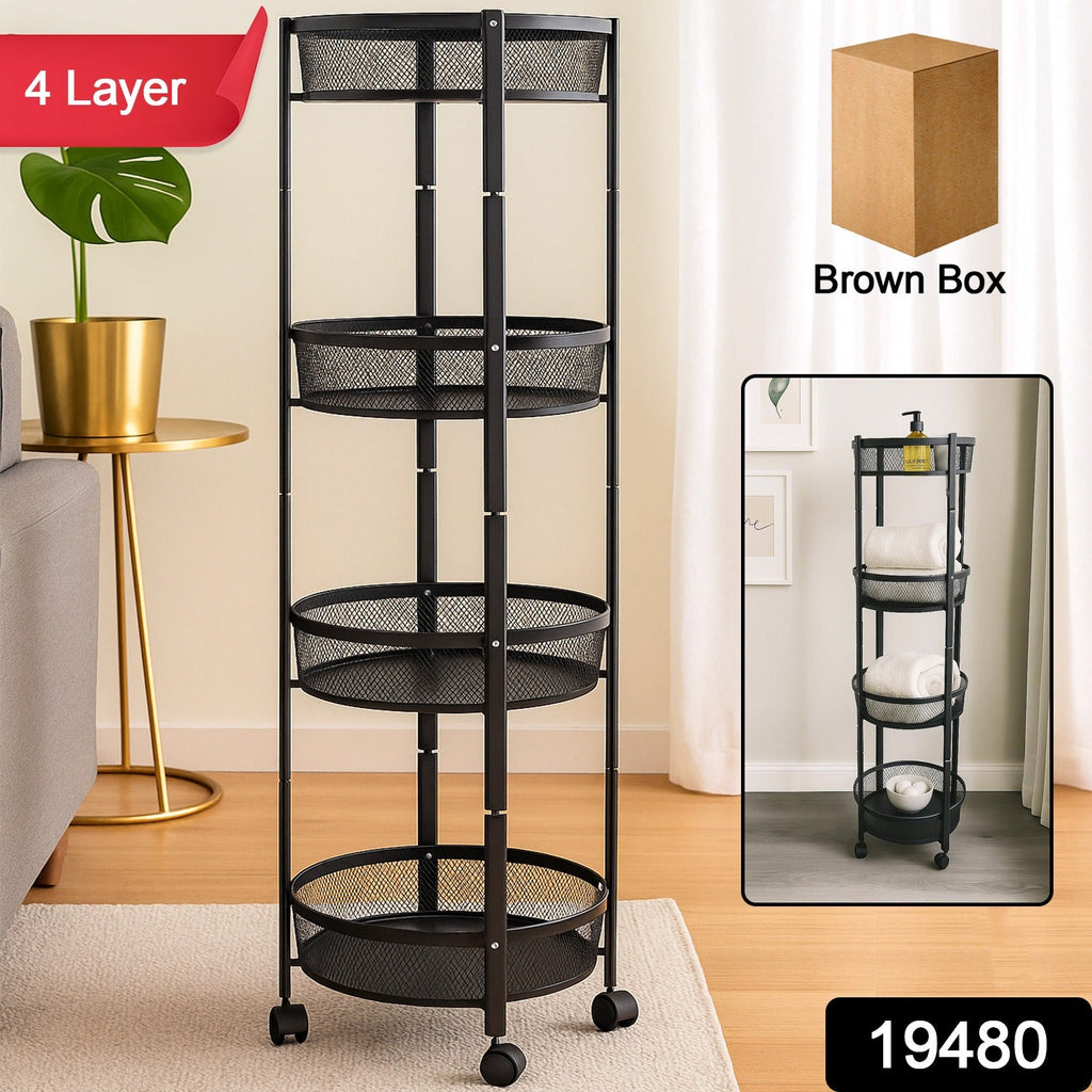 Freestanding black 4-tier round mesh storage rack with smooth swivel wheels