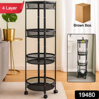 Freestanding black 4-tier round mesh storage rack with smooth swivel wheels