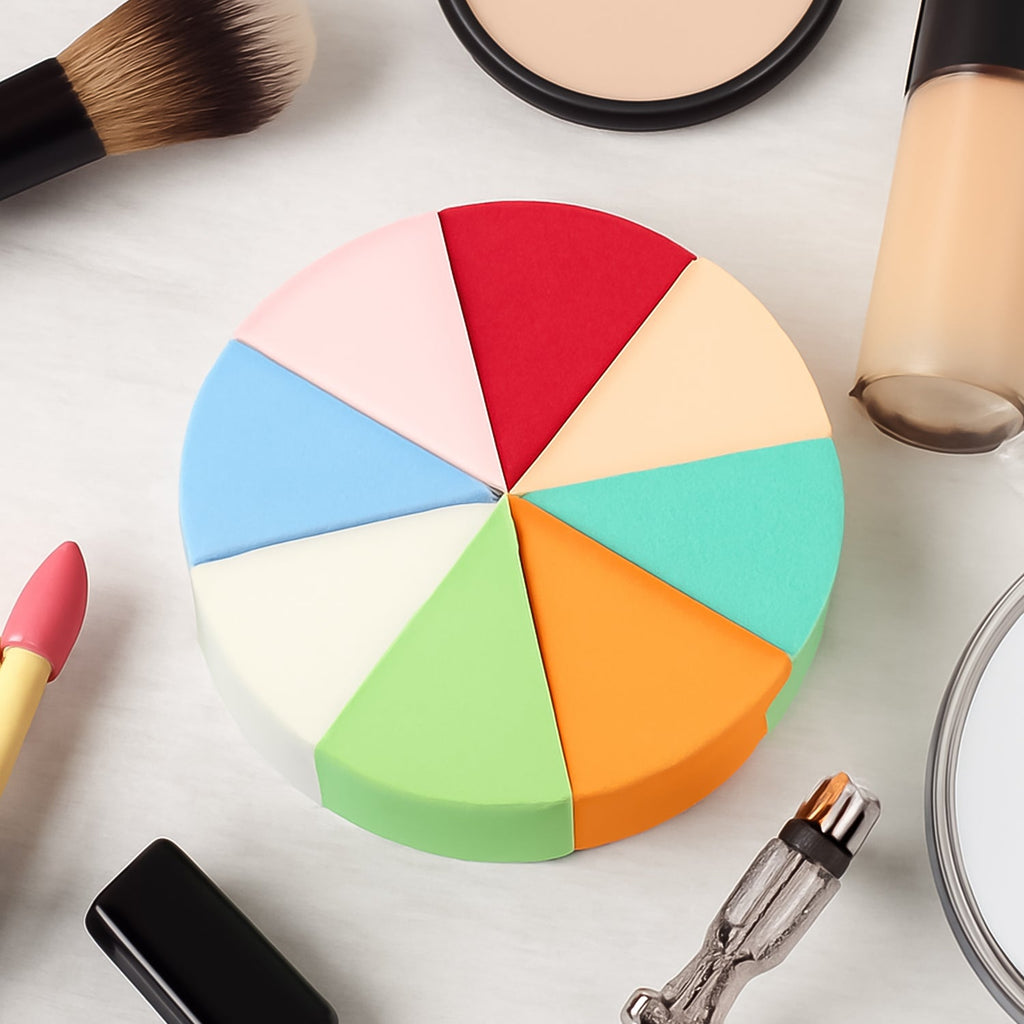 Eight triangular makeup sponges in mixed colours, showcasing their soft texture.
