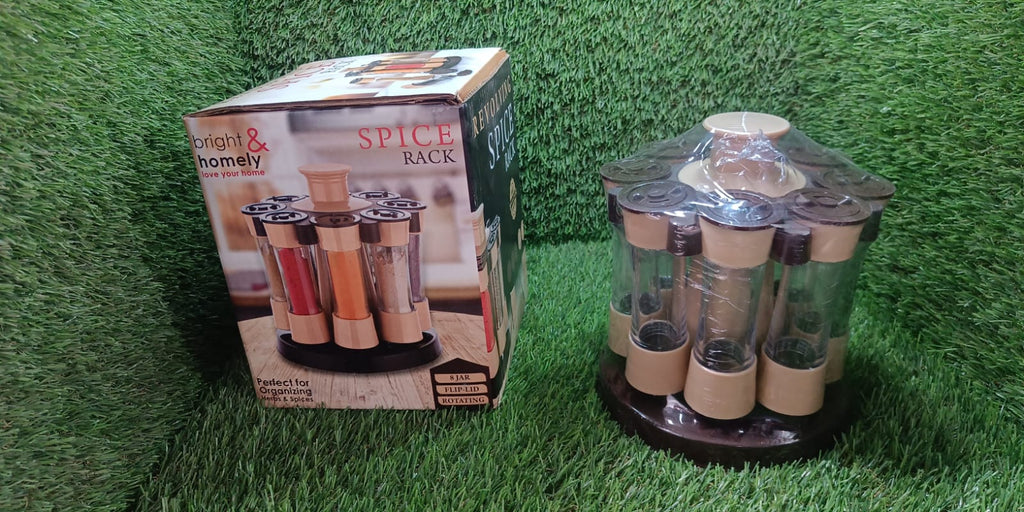 Top-down view of the revolving spice rack, demonstrating its circular design and organized spice jars.