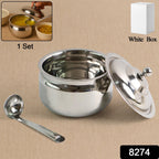 Side view of the mirror-finish Stainless Steel Ghee Pot with serving spoon.