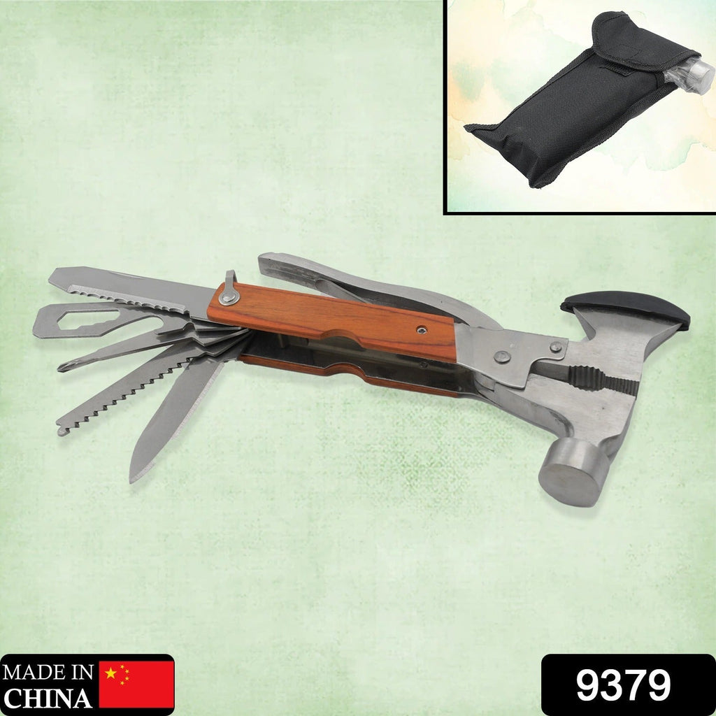 Close-up of the compact hammer multitool, showcasing its durable stainless steel body.