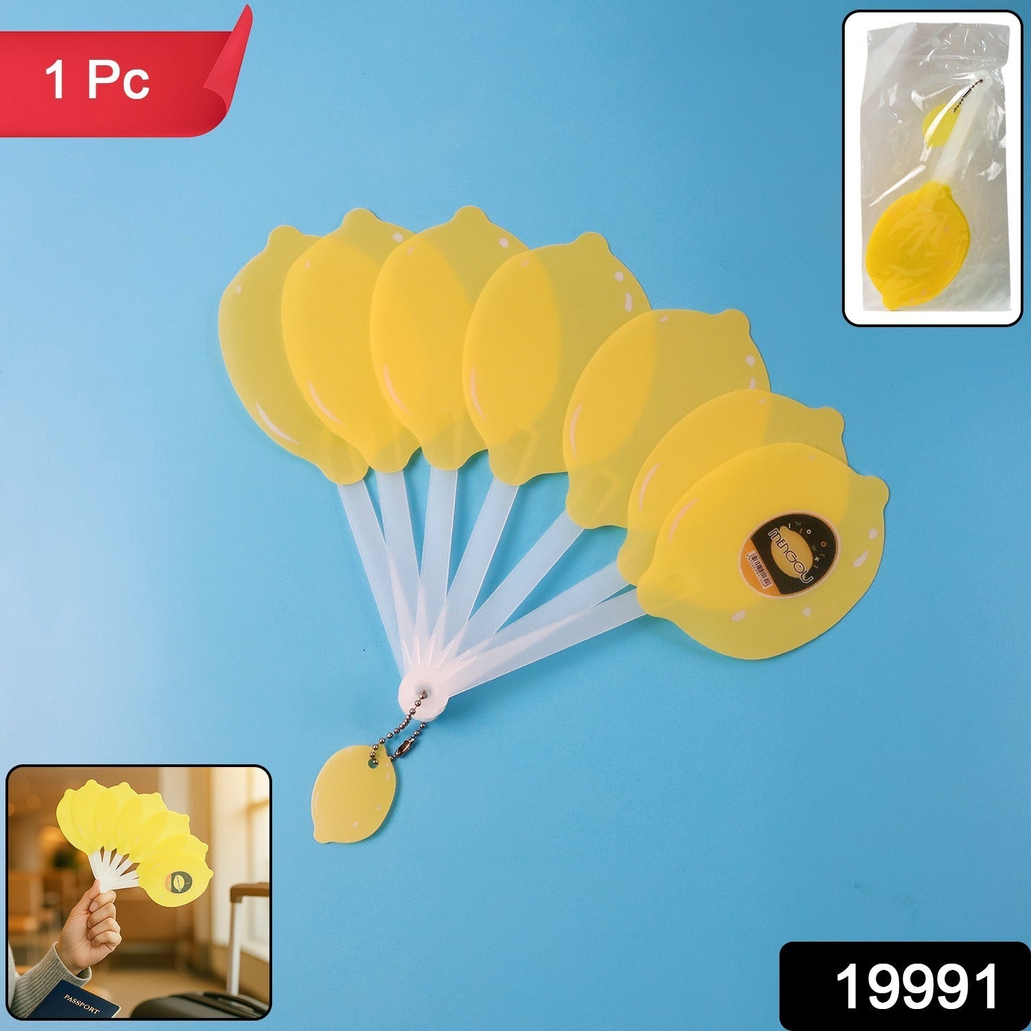 Lemon-shape foldable hand fan clipped on a keychain and unfolded