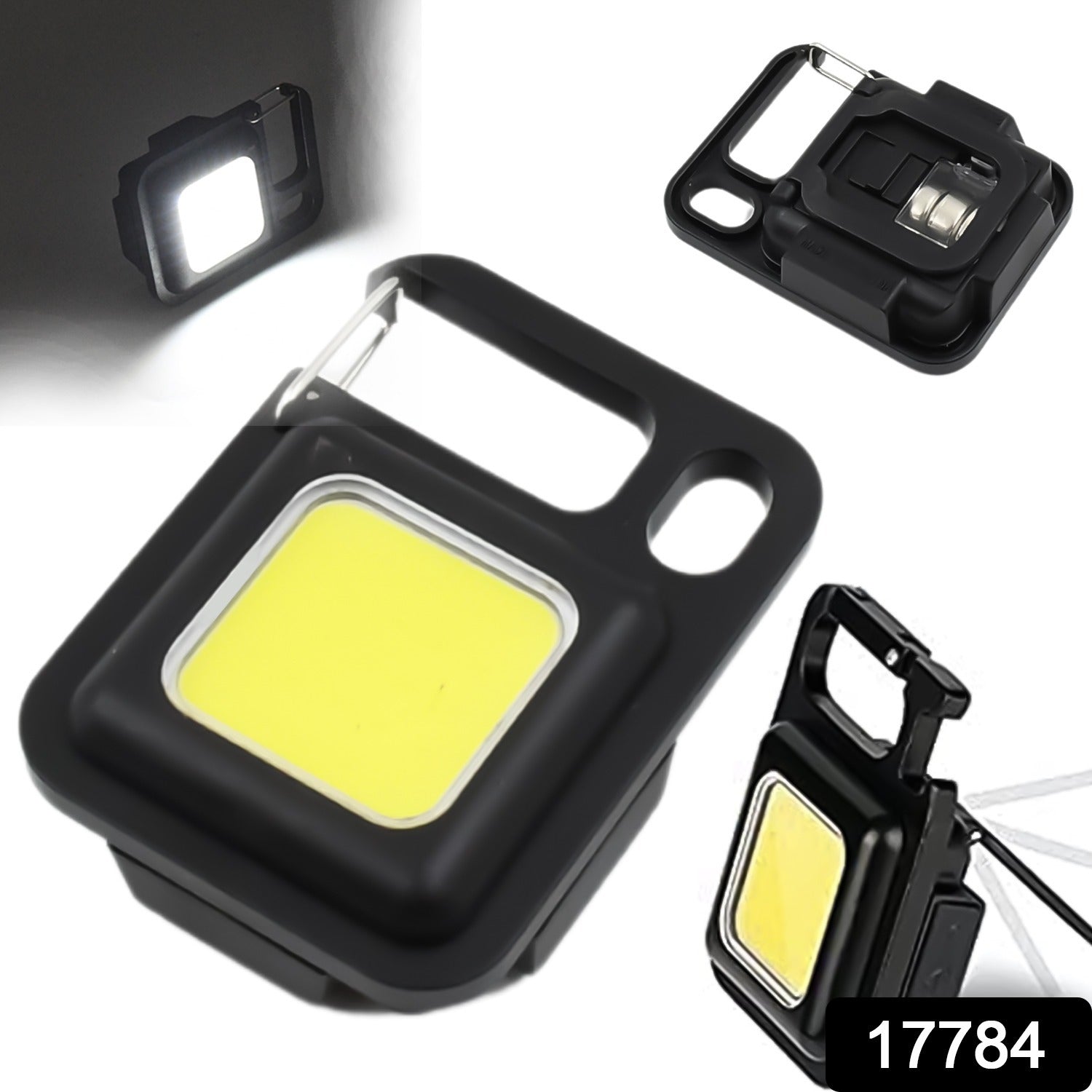 COB LED keychain flashlight illuminating a dark area