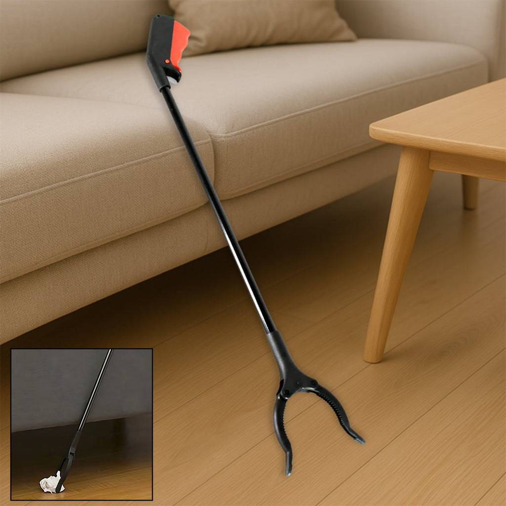 Extra long trash picker tool with rotating grip for easy cleanup.