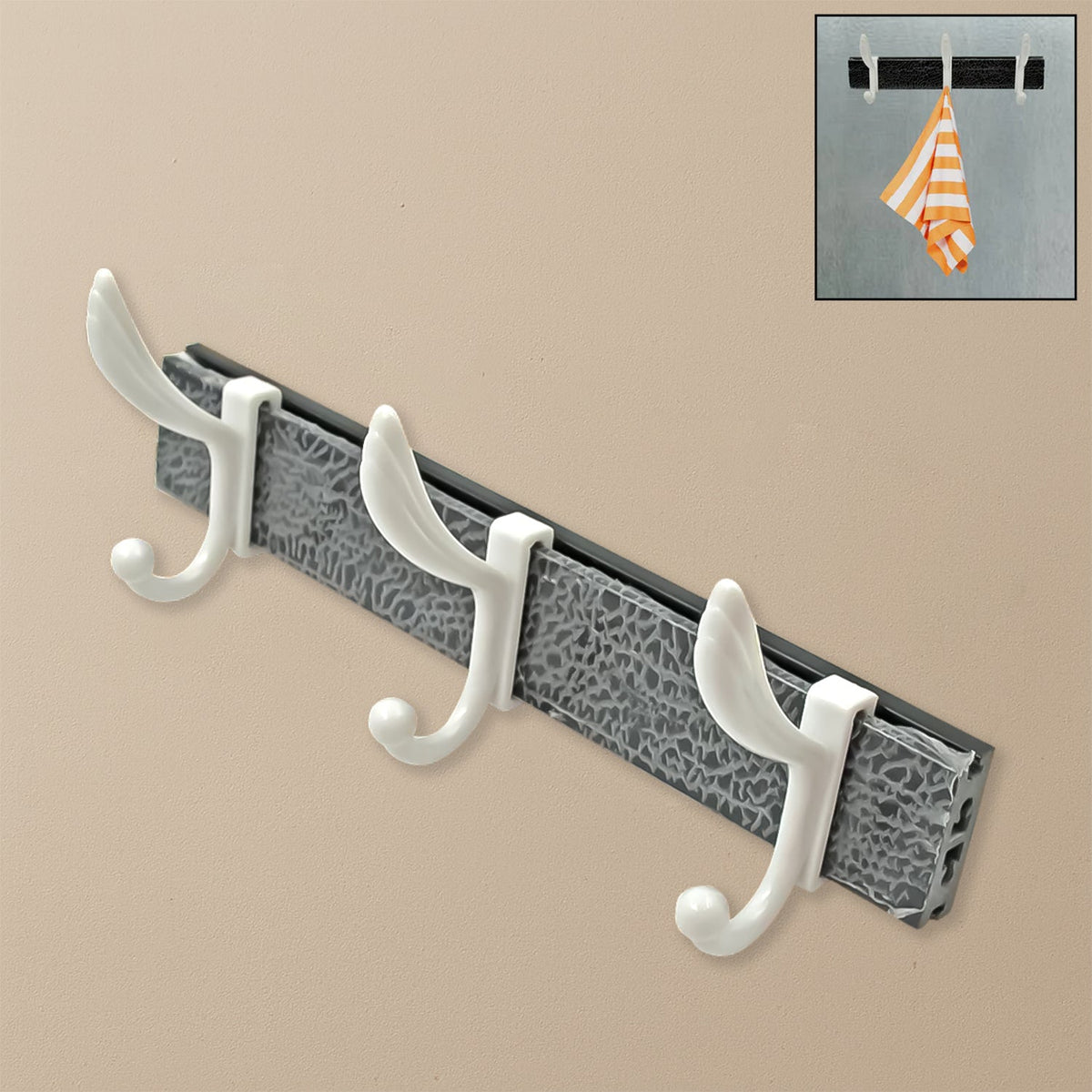 Wall mounted coat rack with 6 metal hooks on wood board holding jackets and hats by GlimmerHome