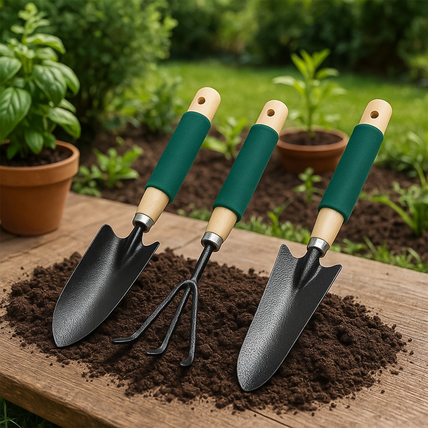Complete 3-piece gardening tool set featuring a hand cultivator, trowel, and weeder.