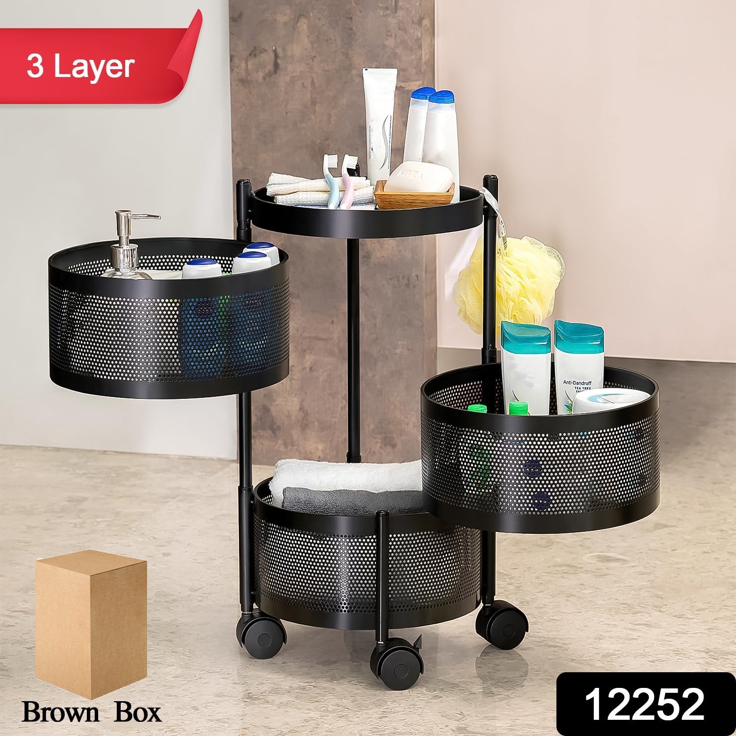 Kitchen trolley showing smooth rolling wheels and multi-layer storage